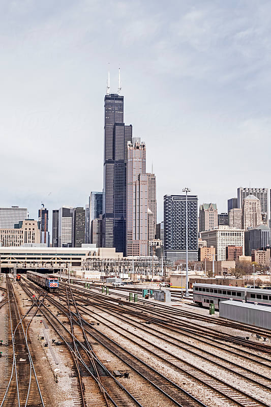 Chicago Skyline seen from the South, railways to Union Staion in front