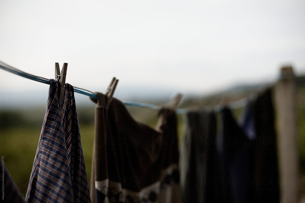 Close up of hanging clothes in a country area