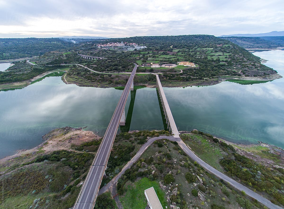 Aerial view of bridges across a river