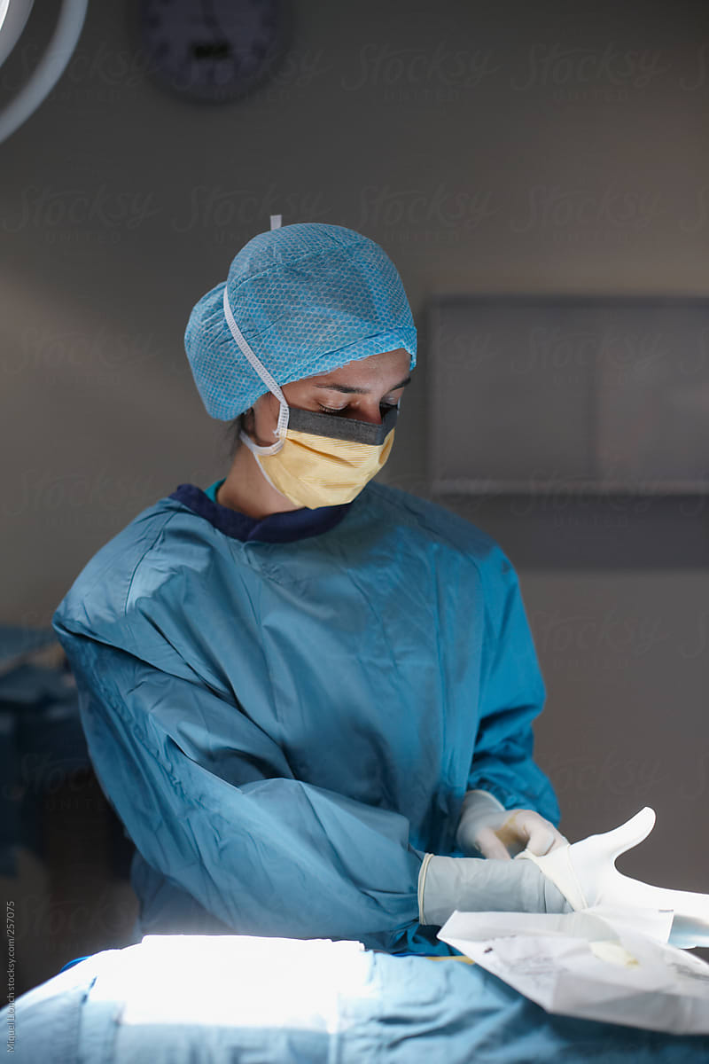 Female surgeon putting on surgical gloves