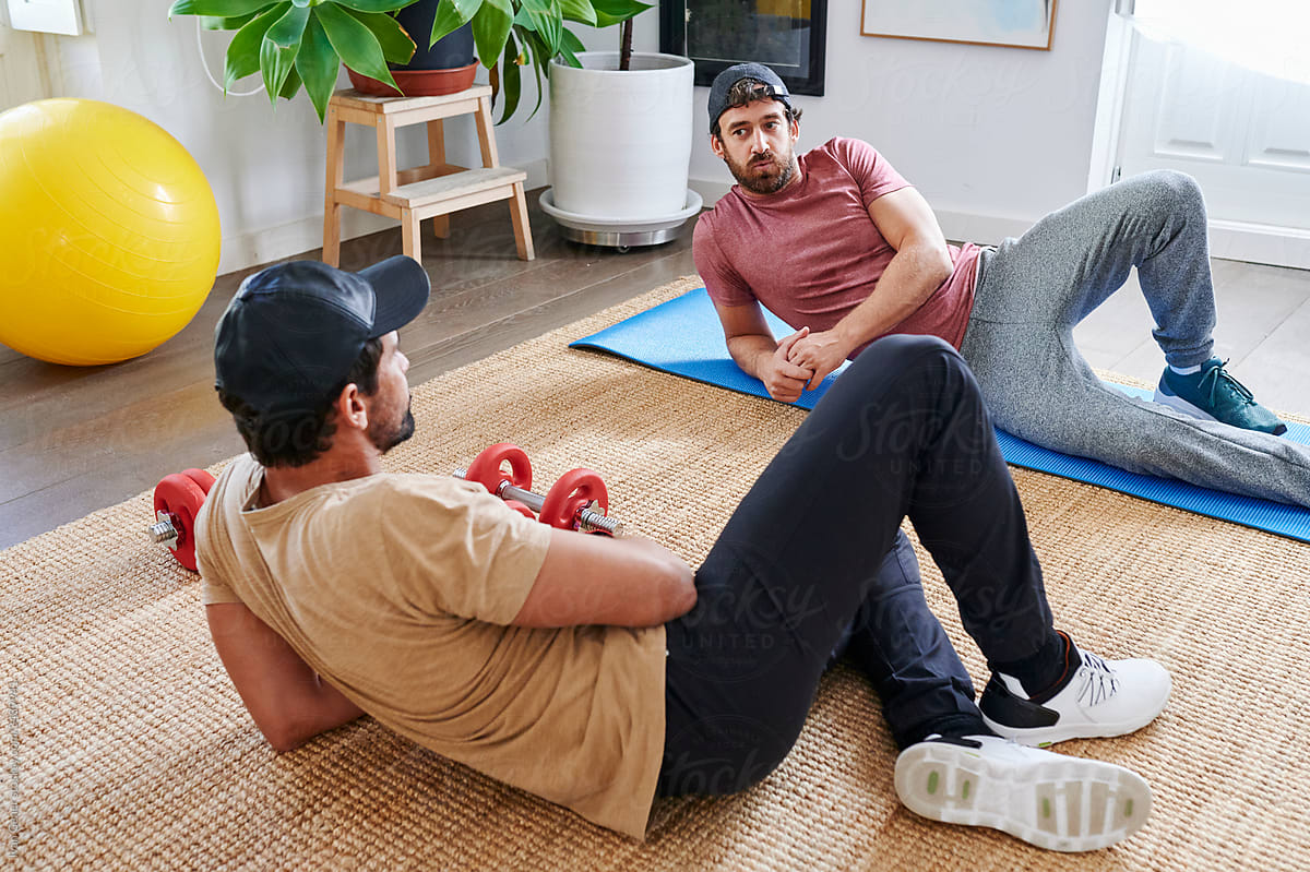 Friends talking after a home workout