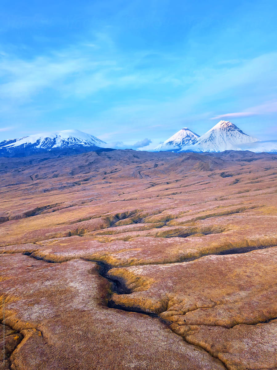 Rocky landscape from drone with volcanic tops, Kamchatka krai.