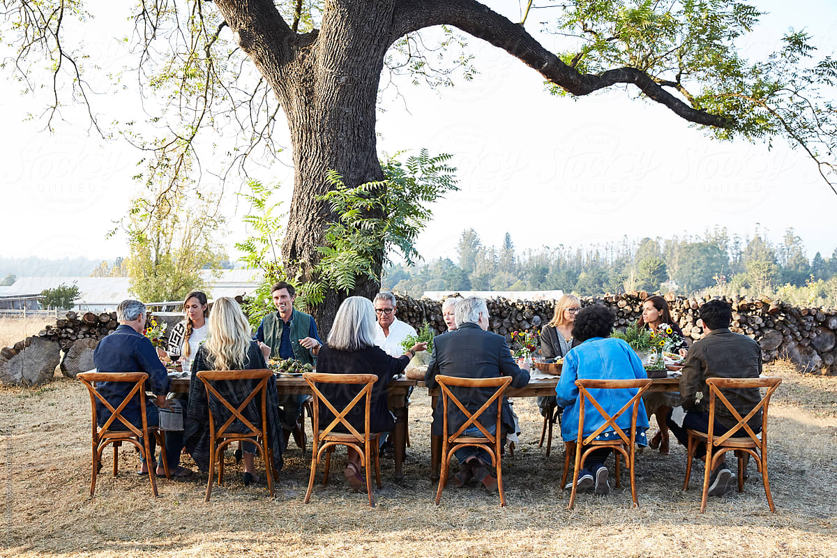 Gathering of friends at outdoor dinner party