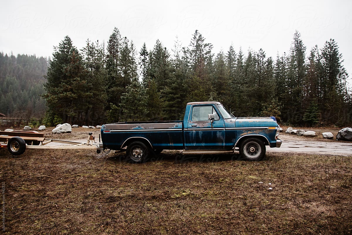 Old truck parked at a boat launch in North Idaho