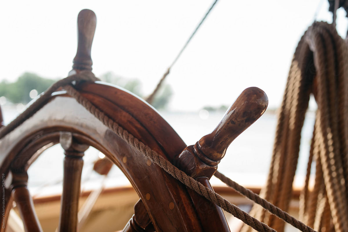 Captains wheel on board a sailboat