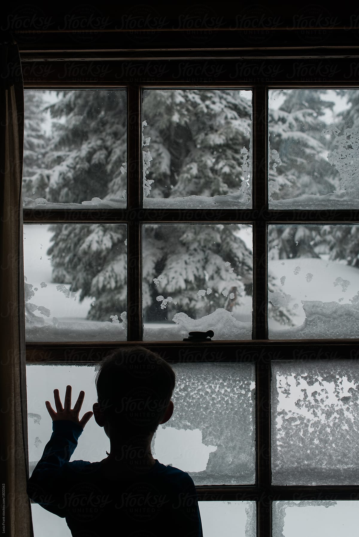 young boy dressed in snow gear looks out the snowy window at the winter landscape