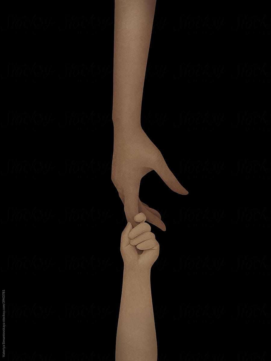 Illustration of child hand holding adult hand for help