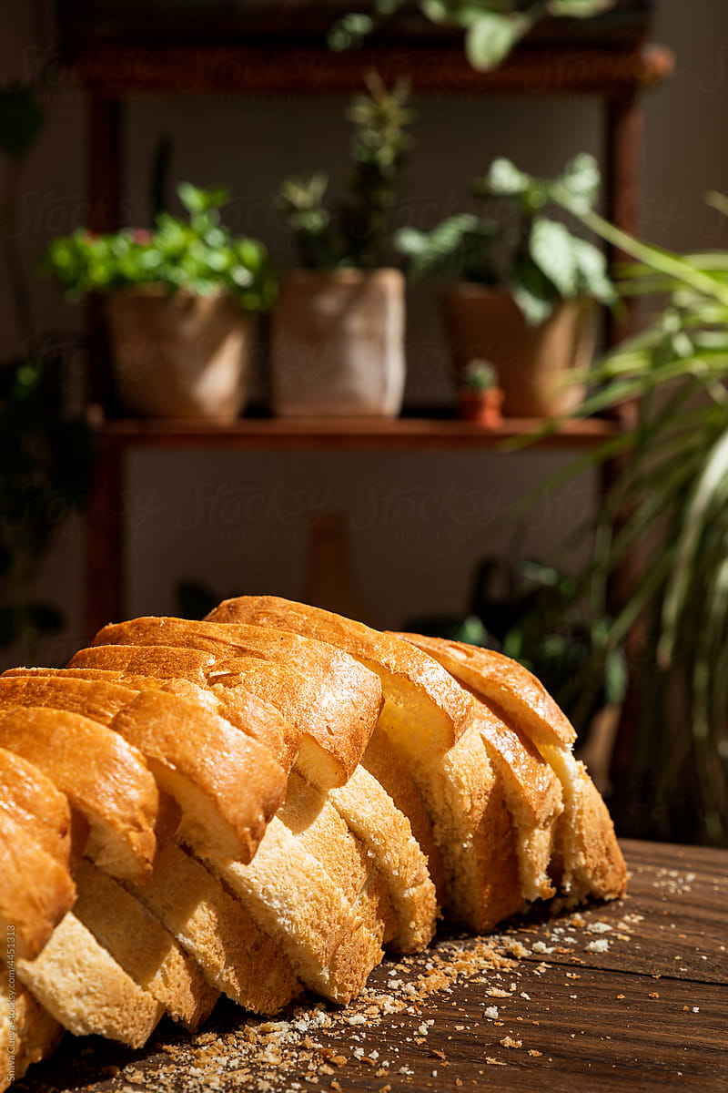 slices of bread on a wooden table and plants at the background