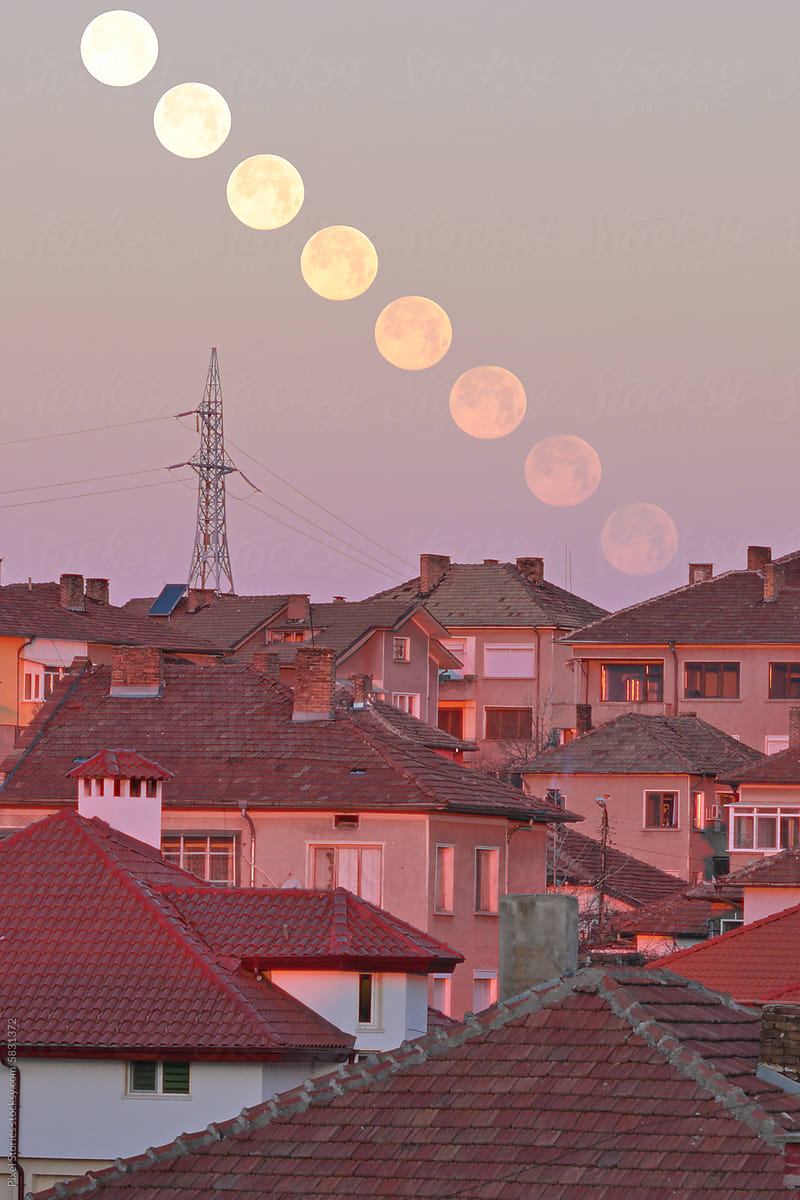 Multiple exposures of the morning sky showing the moon\'s path