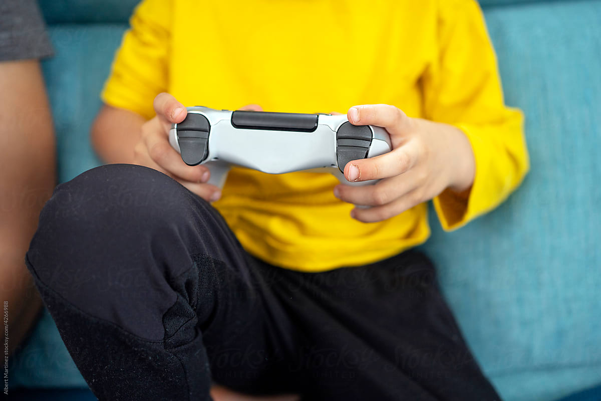 Anonymous boy playing a video game on the sofa