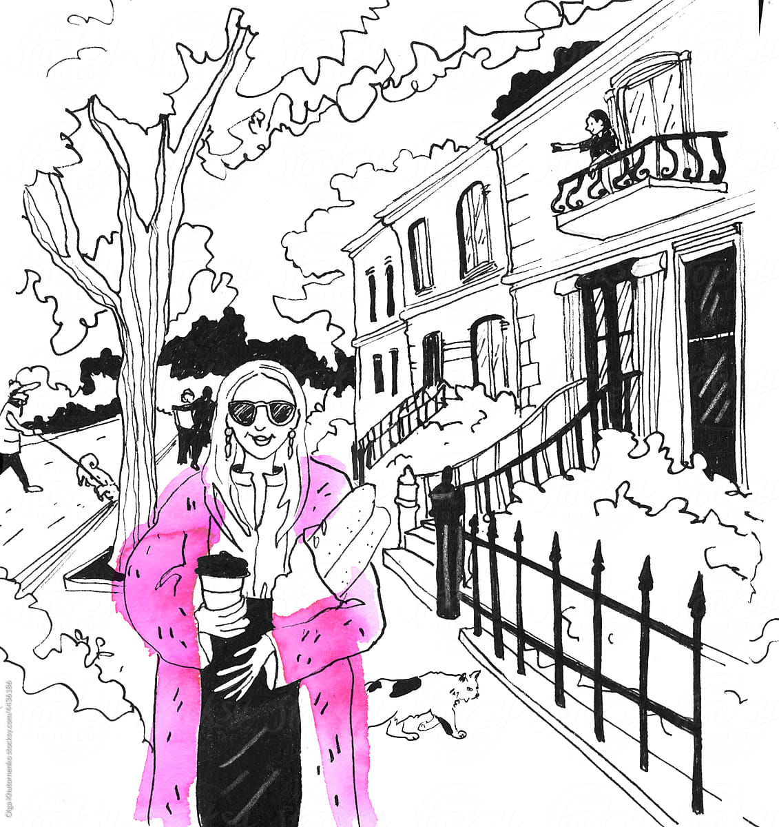 The young woman in a pink coat with coffee