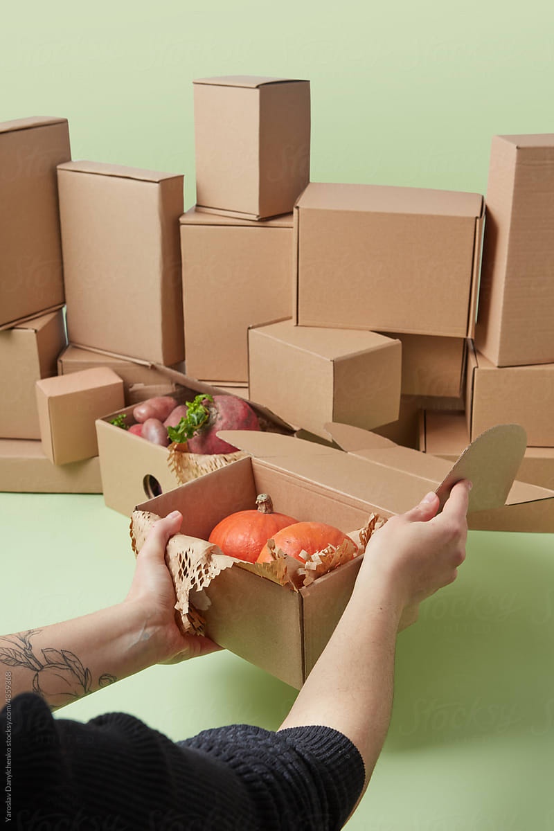 Woman using cardboard box for packing pumpkins