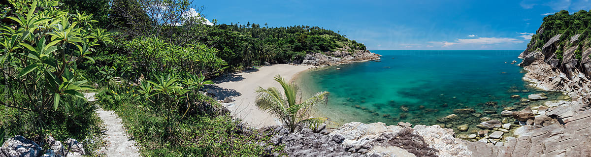 Panorama of tropical island paradise cove beach