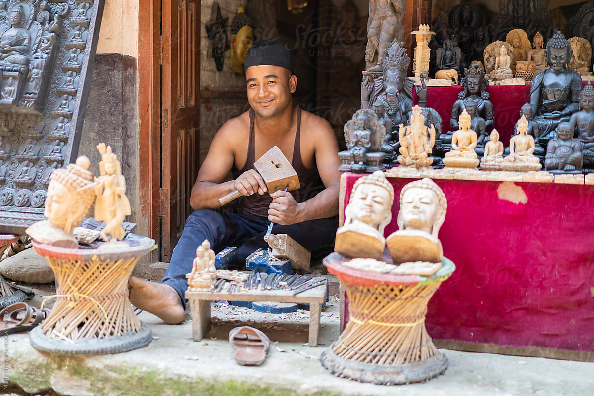 Craftsman Carving Wooden Figures in a Nepalese Village
