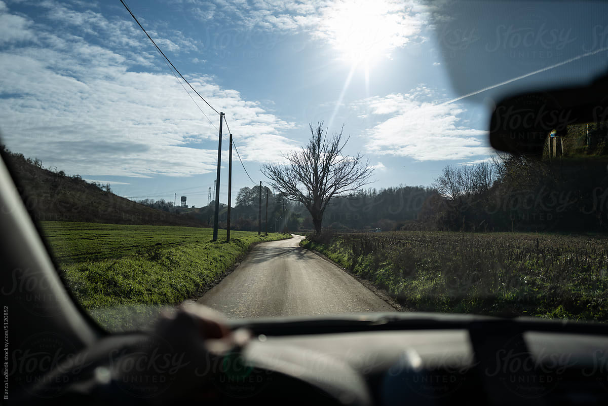 Inside the car driving view on a straight country road