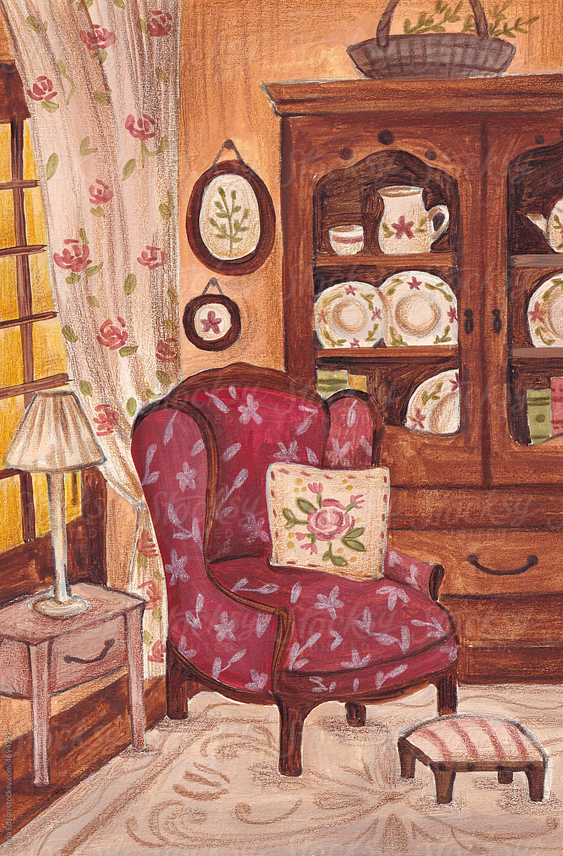 Vintage living room. Book illustration. Cootagecore style.