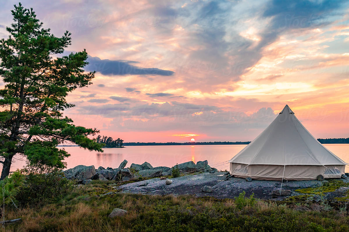 Bell Tent with Wind Swept Pines on Granite Wilderness Island