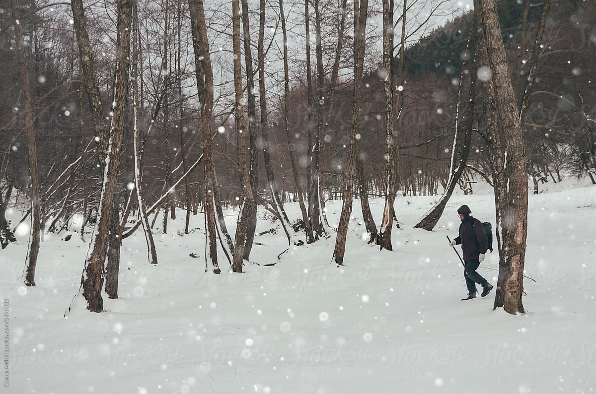 Winter scene with Man walking in the snow