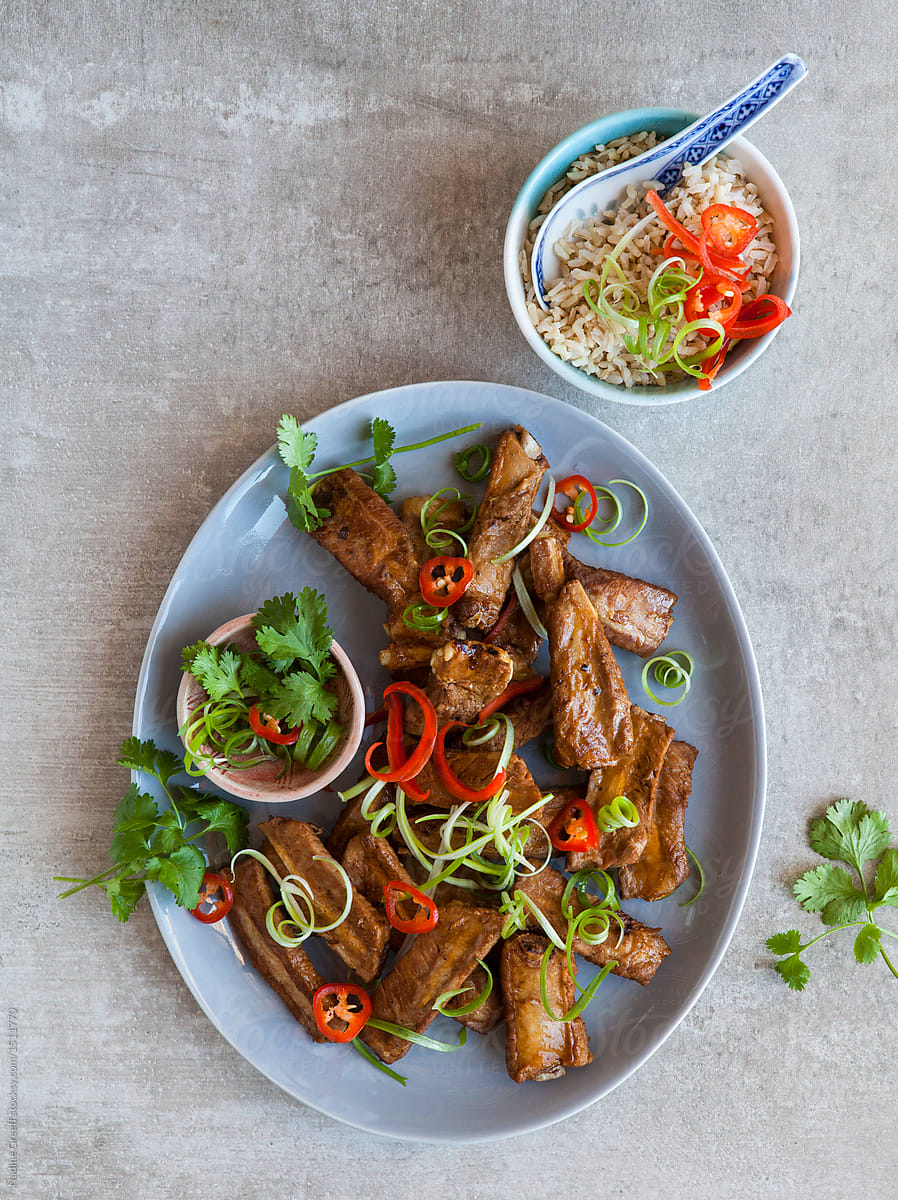 Chinese style pork ribs with black bean sauce. Short ribs.