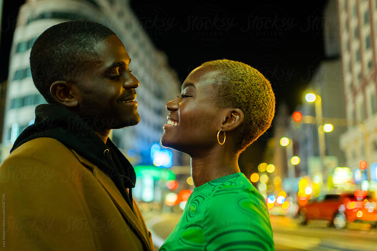 Happy Black Couple In Love At Night.