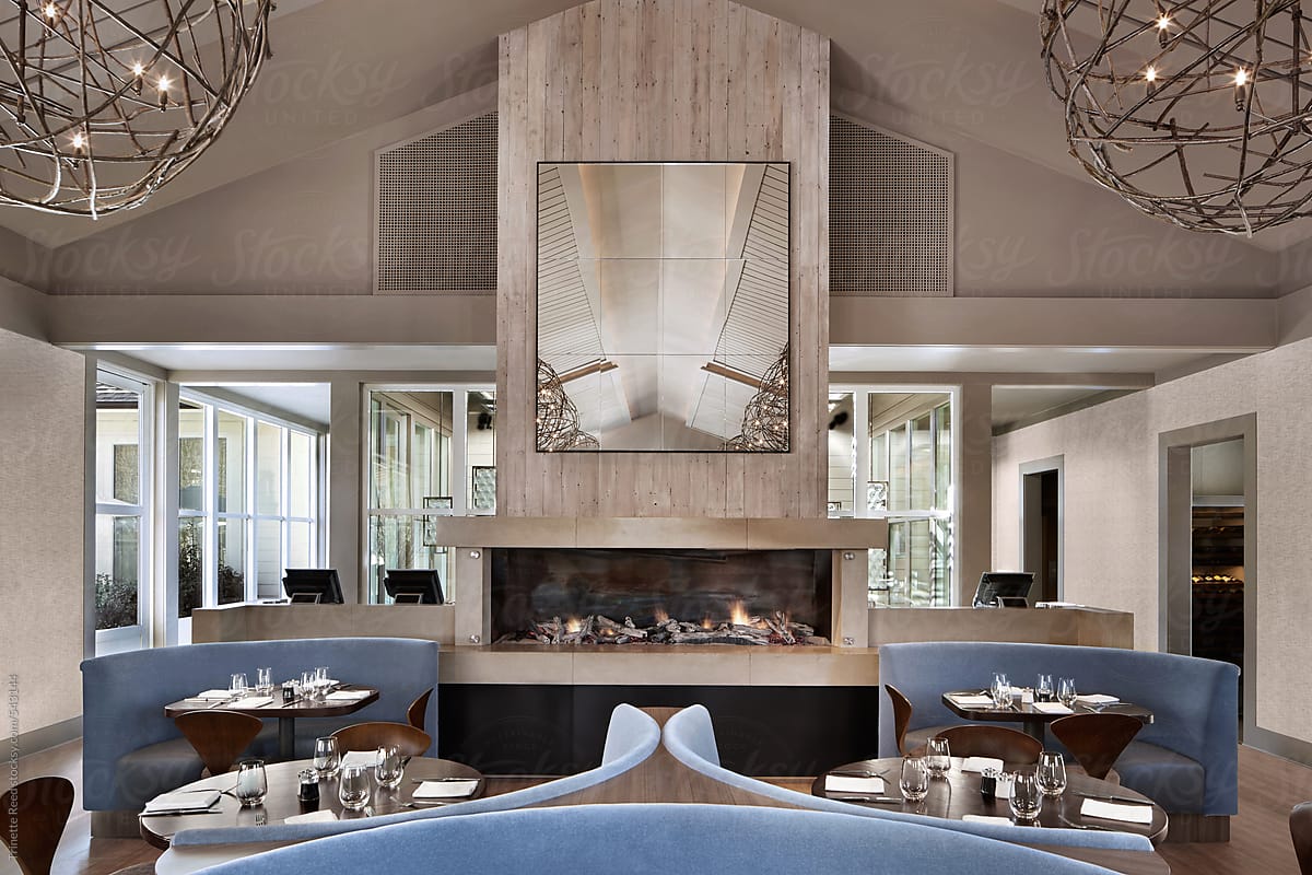 Interior of luxury upscale restaurant with fireplace