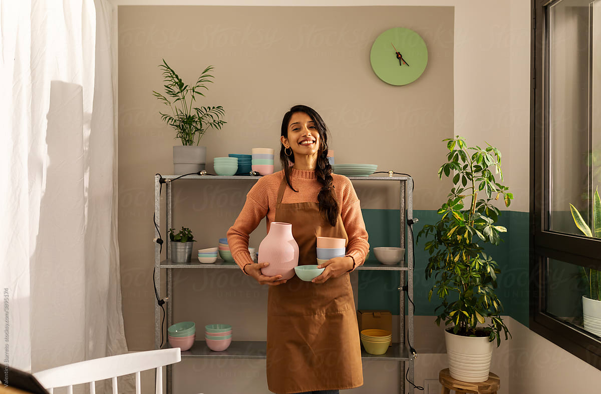 Business woman working at online shop of ecological tableware