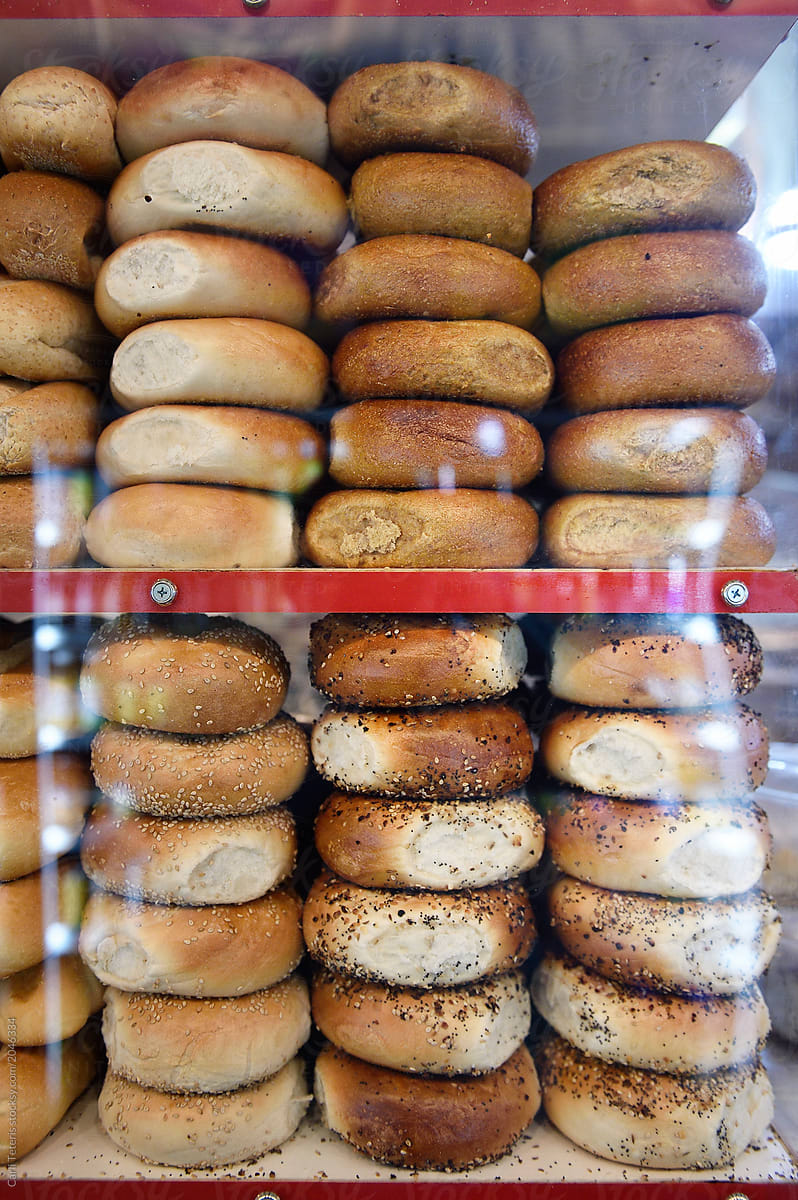 Stacks of bagels in a New York deli