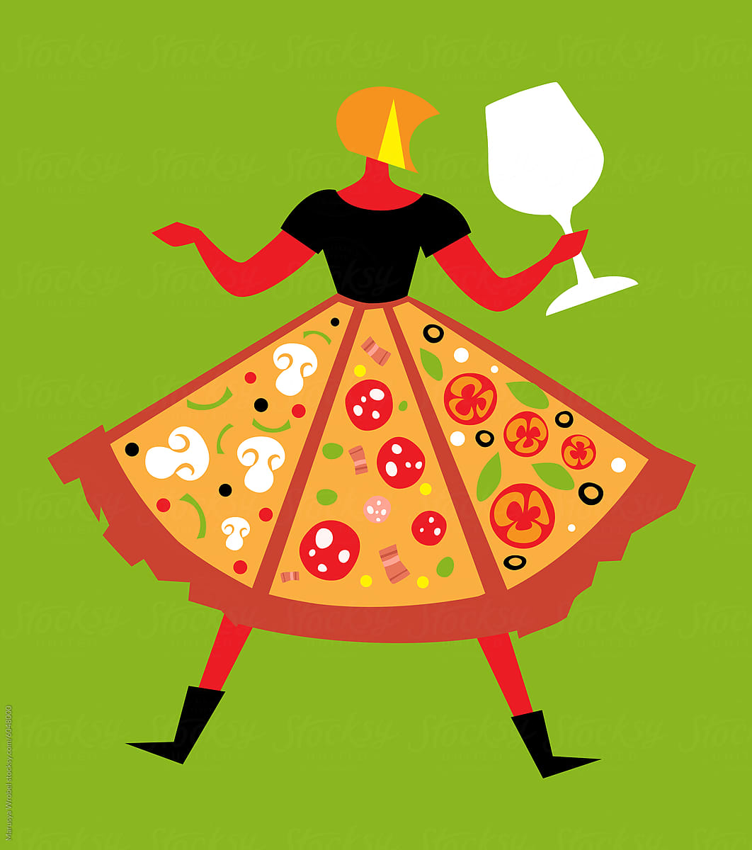 Woman in Whimsical Pizza Dress Design With Wine Glass Accessory