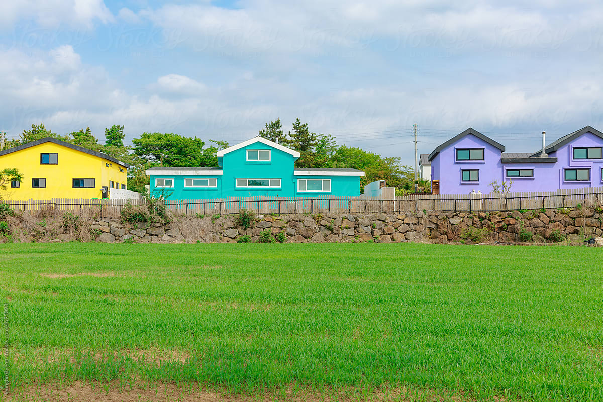 Colorful houses behind the fields.