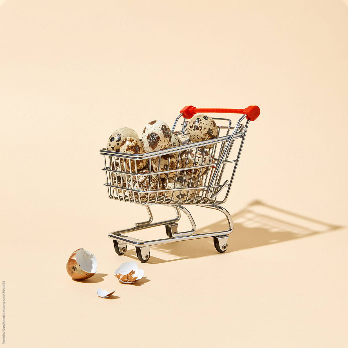 Quail eggs in a shopping cart and broken shells