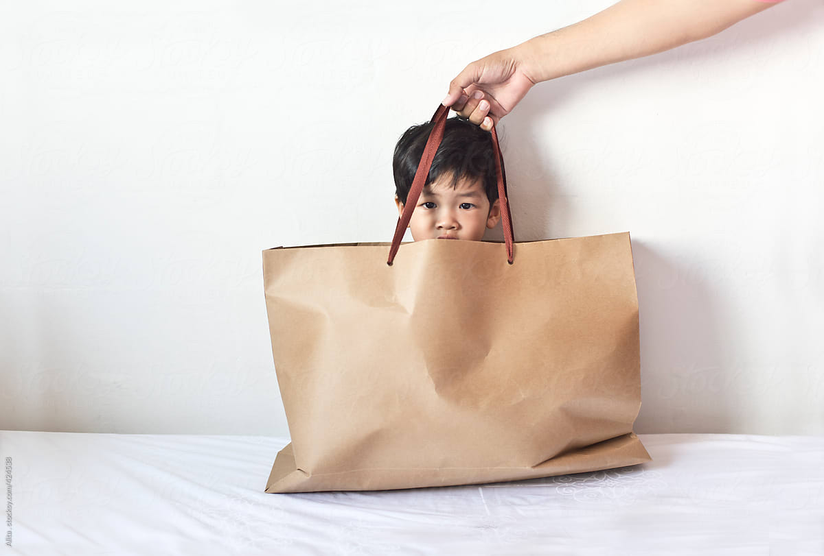 Toddler in shopping bag