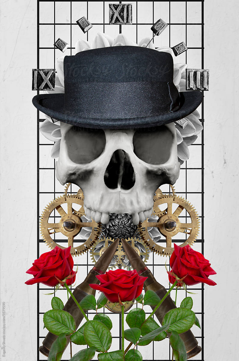 Collage with a human skull, roses and bullets