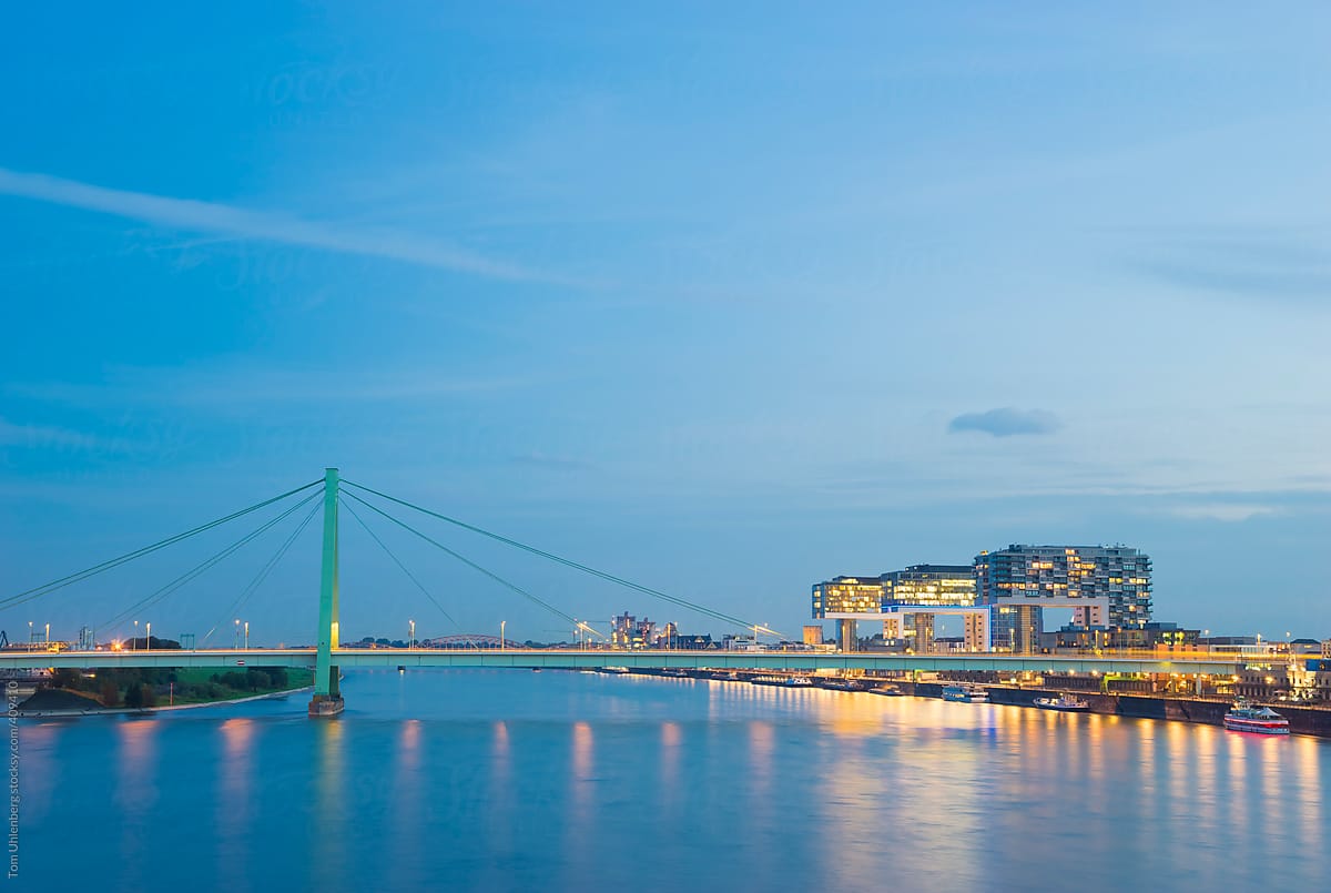 Cologne, Germany - The Severin Bridge and Modern Architecture in Rheinauhafen at the Blue Hour