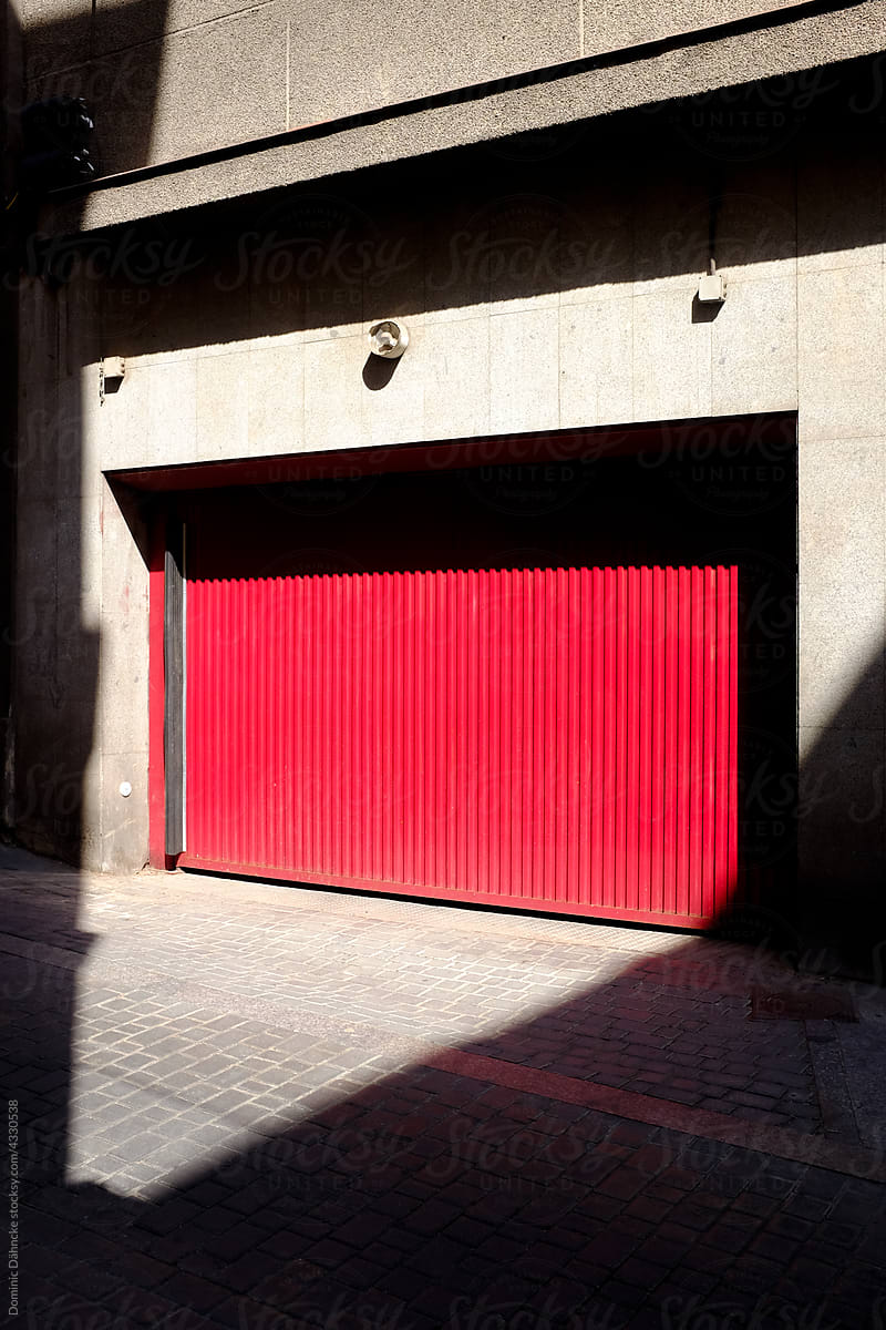 A red garage door.