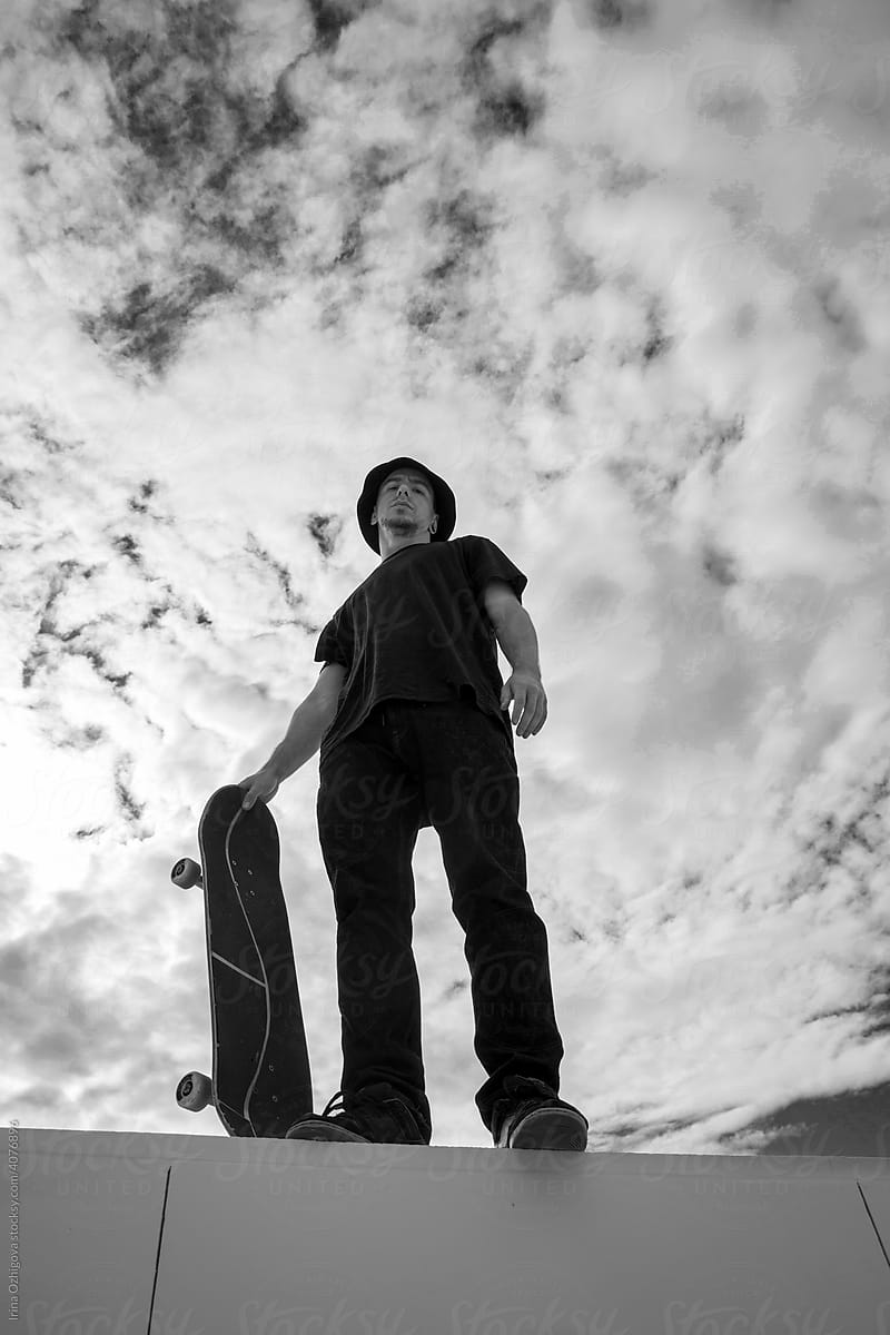 Black and white photo of a skater outdoor