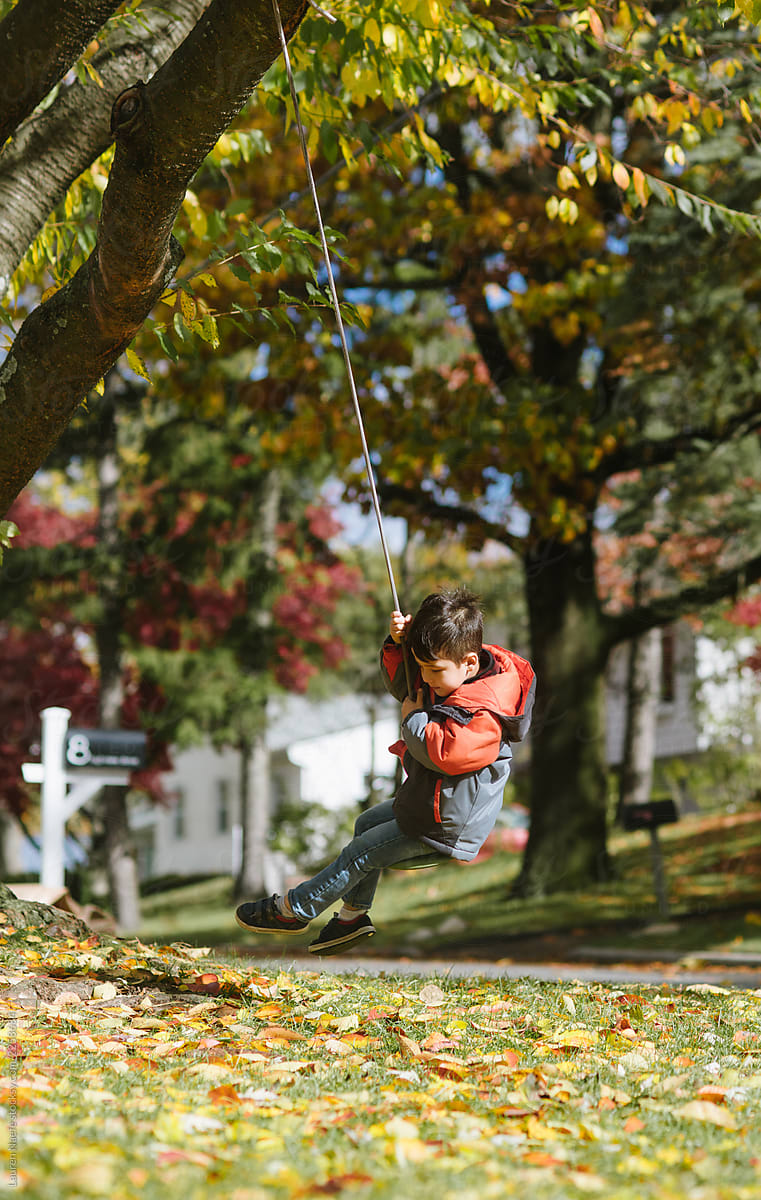 Little kid on swing in fall