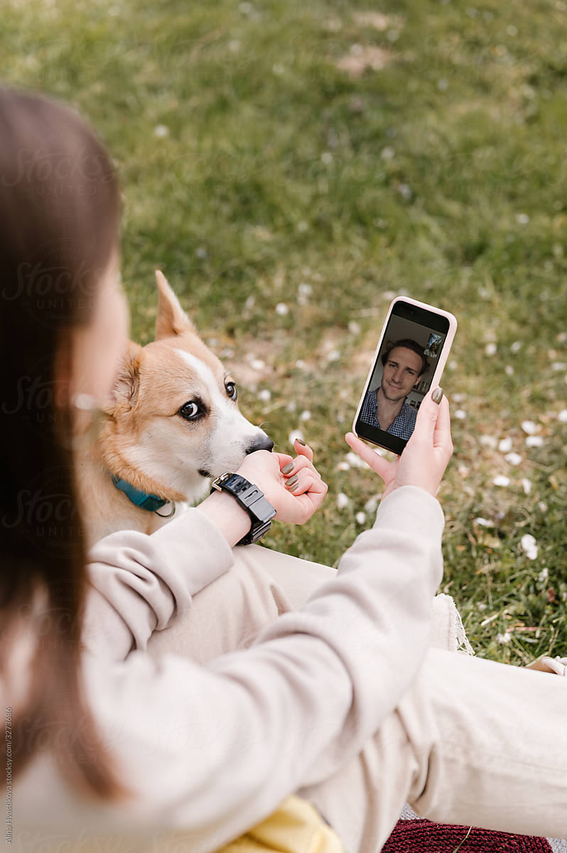 Anonymous woman with dog making video call in park