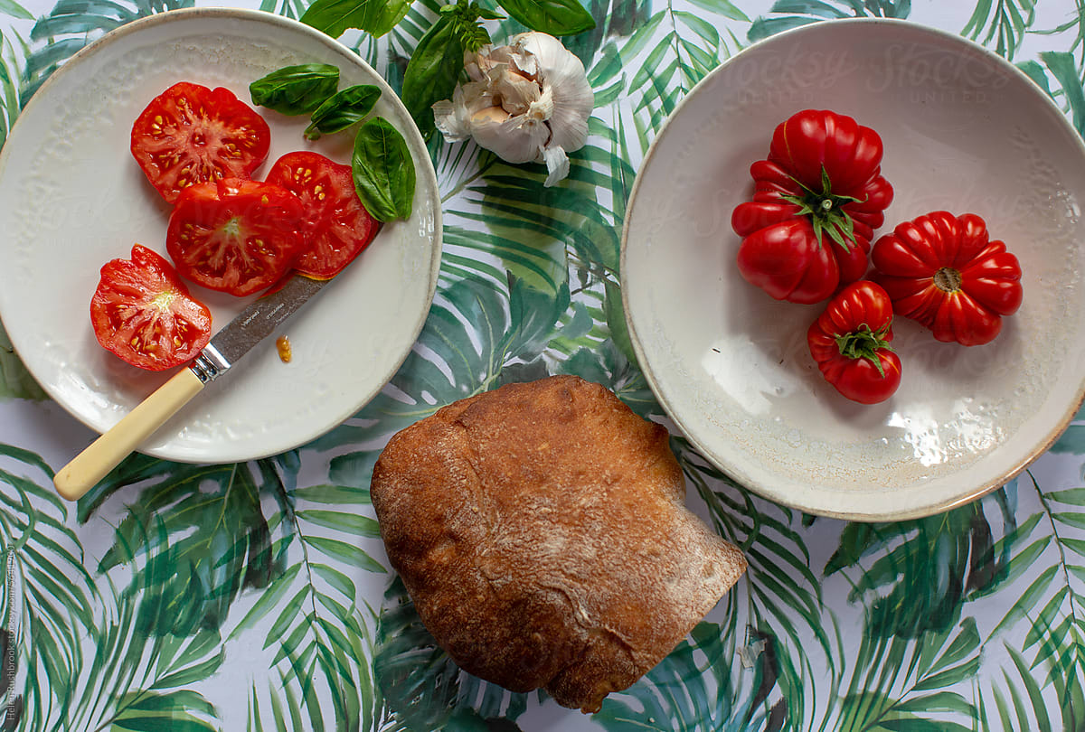 Tomatoes, bread, garlic and basil