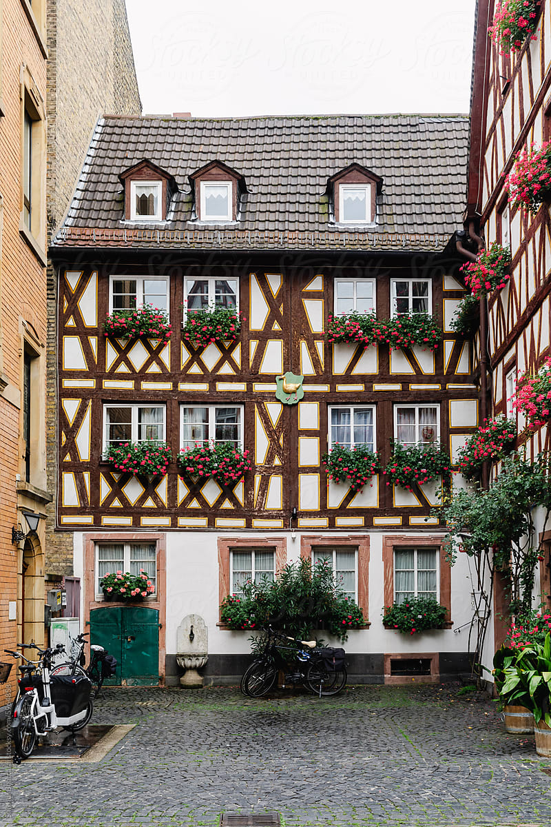Facade of old houses in Kirschgarten, Mainz, Germany.