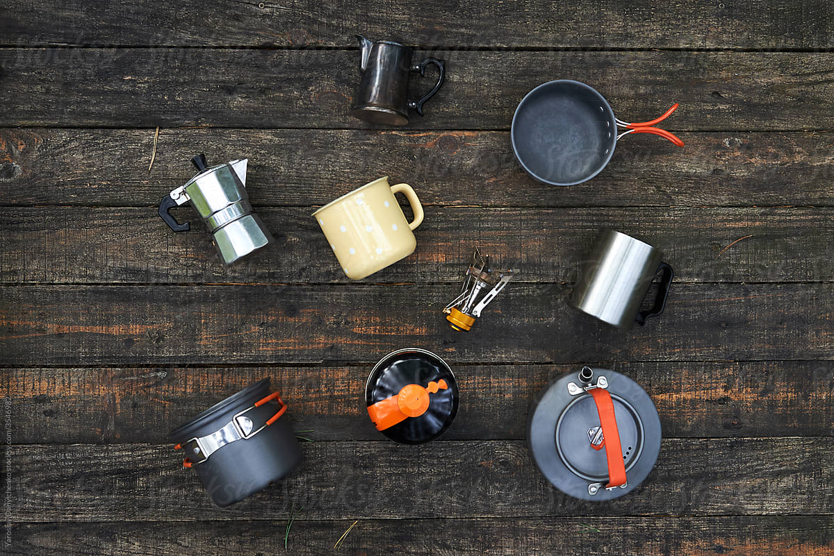 Camping set of cookware for cooking food and drinks.