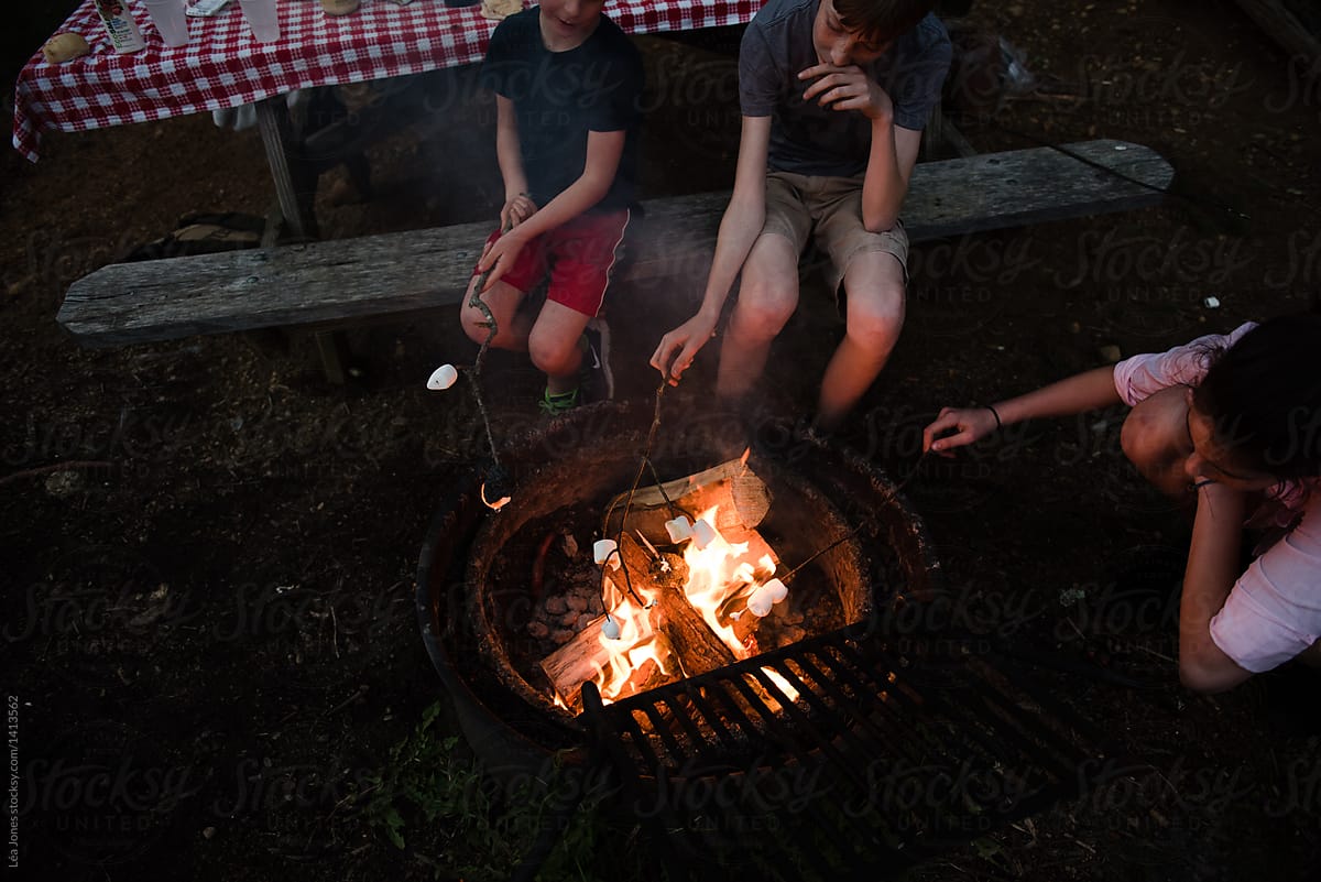 kids grilling marshmallows on campfire