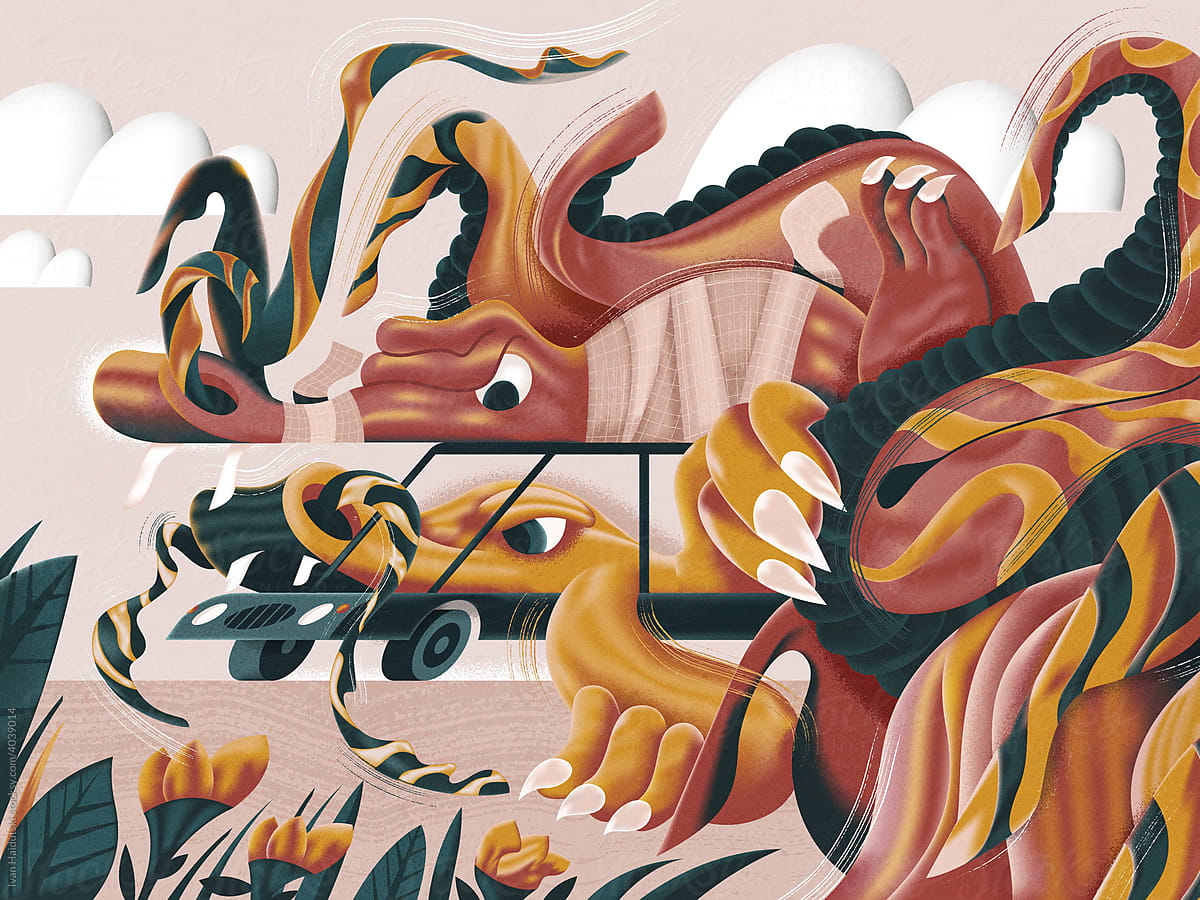 Conceptual illustration of Dragons driving a car