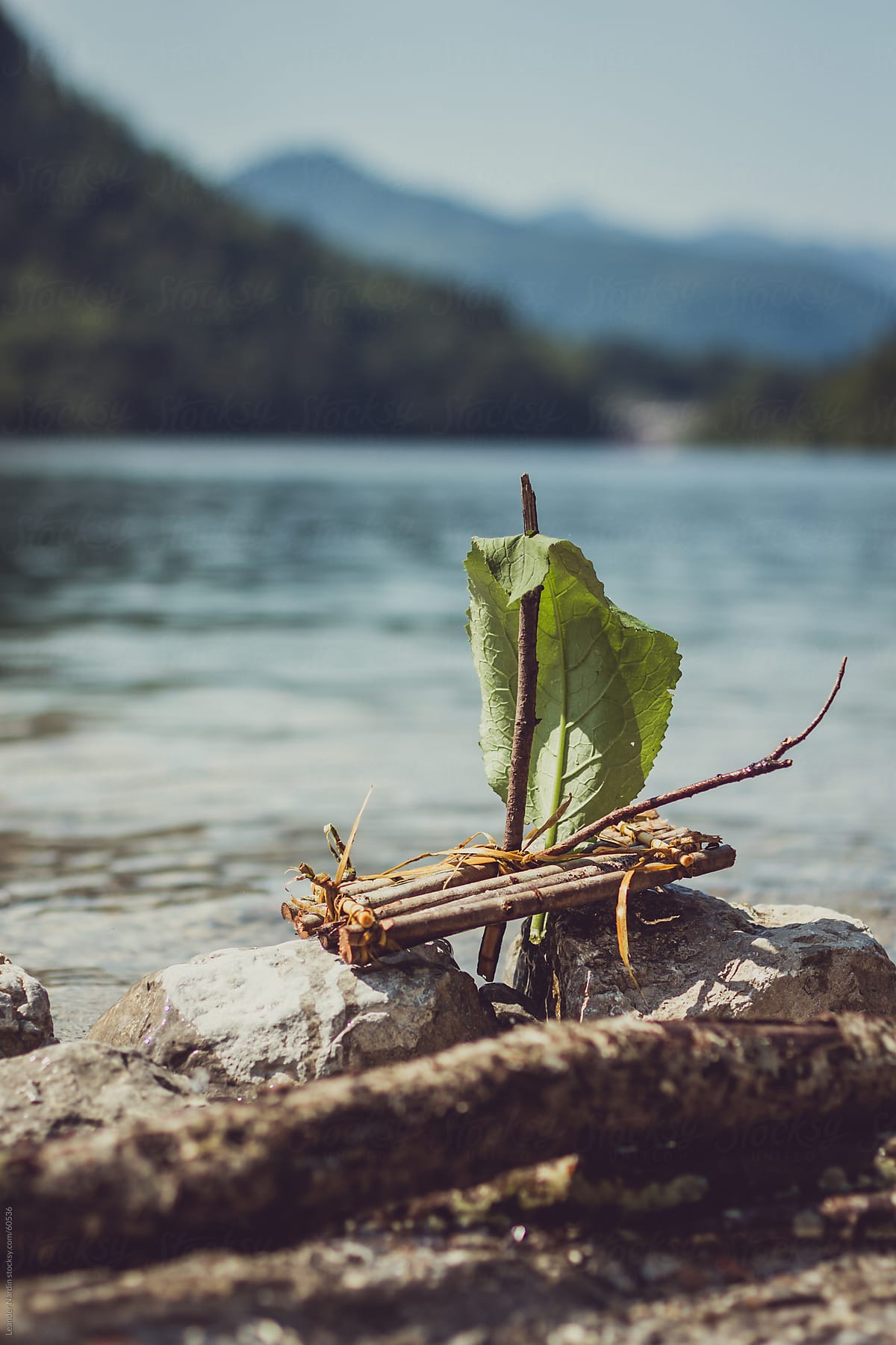 selfmade raft with a leaf agrounded on some rocks