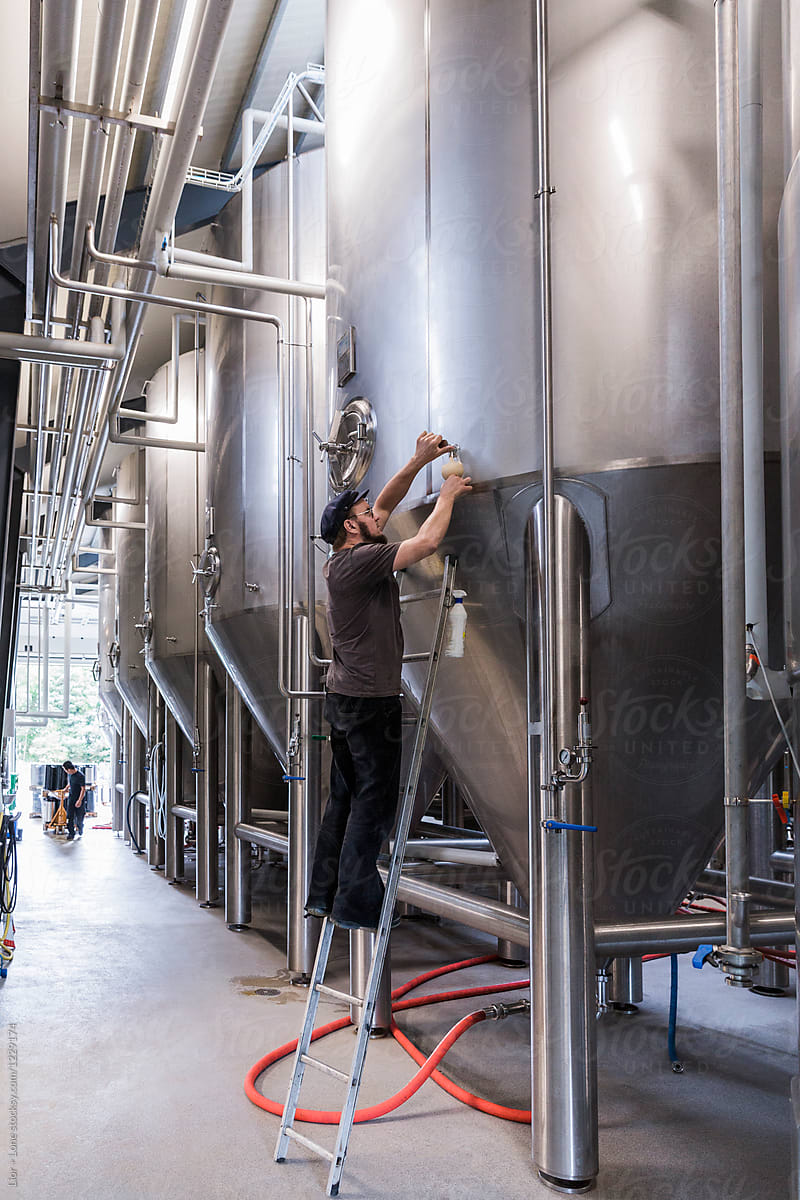 Brewmaster checking fermentation container in a brewery