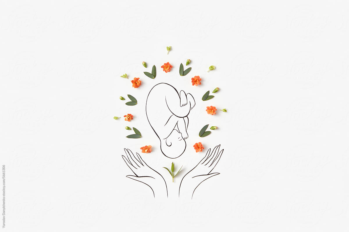 Lines drawing of female hands keeping newborn baby with flowers
