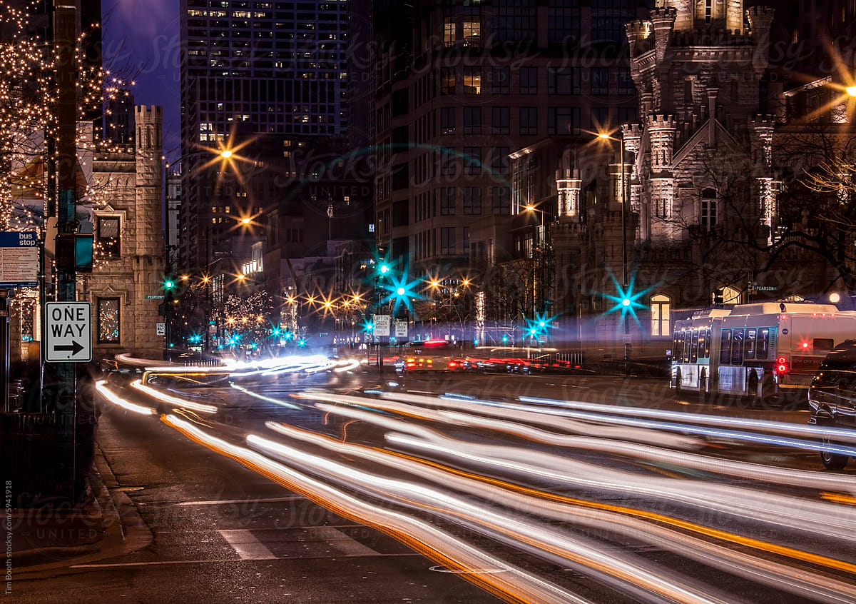 Light trails on a Chicago city street