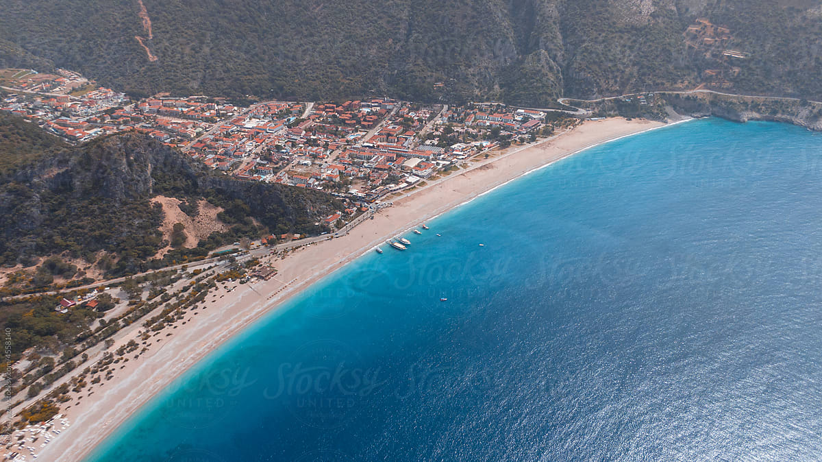 Drone view of Oludeniz - famous turkish resort with azure water