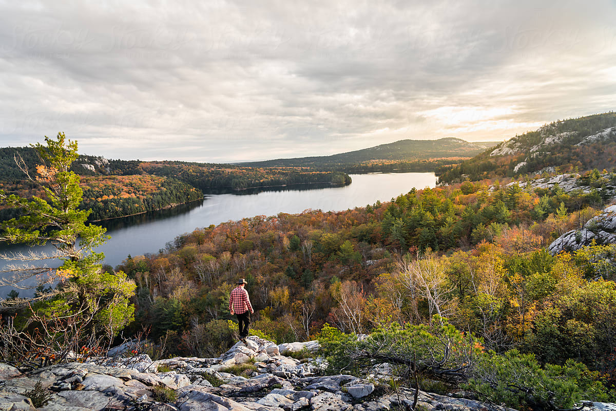 Man Hiking at Mountain Outlook Autumn Forest and Lakes