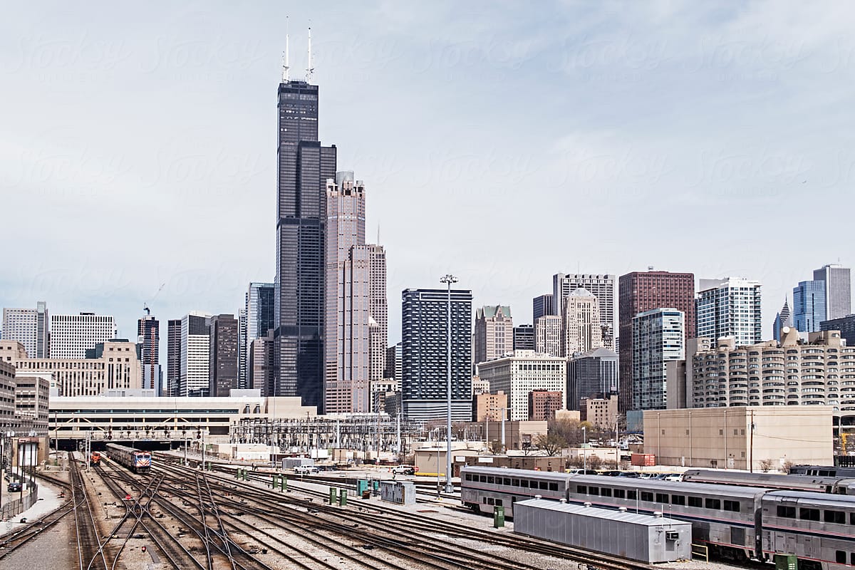 Chicago Skyline seen from the South, railways to Union Staion in front