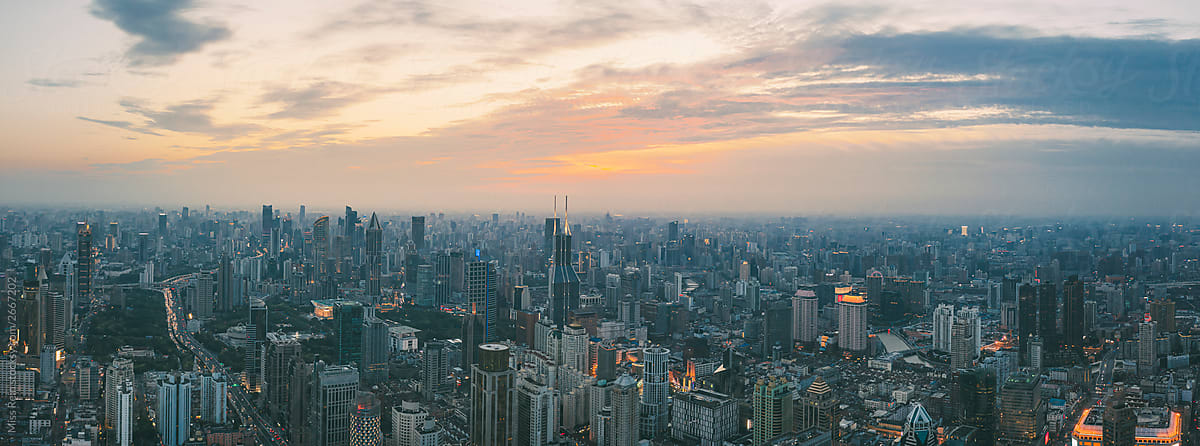 aerial view of city against sky during sunset,Shanghai